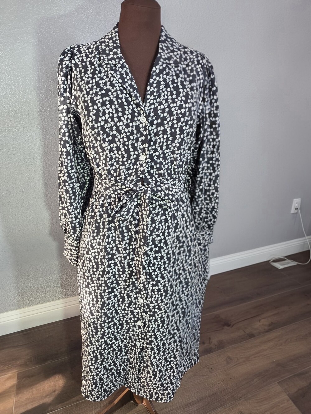 FRNCH Paris XS Black Floral Belted Button Front Midi Dress